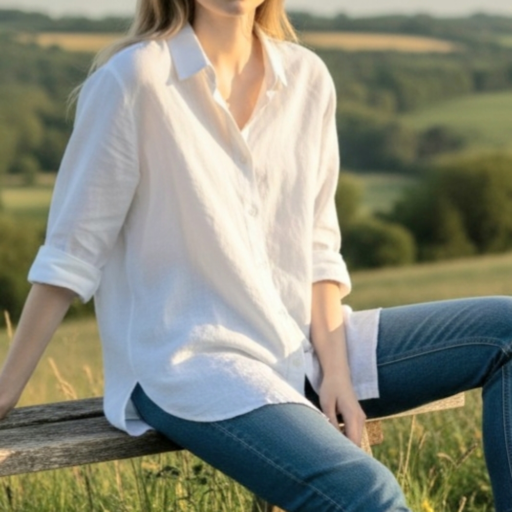 Jessica London White Linen Shirt Button-down 3/4 Sleeve Casual Classic Sz 26 W